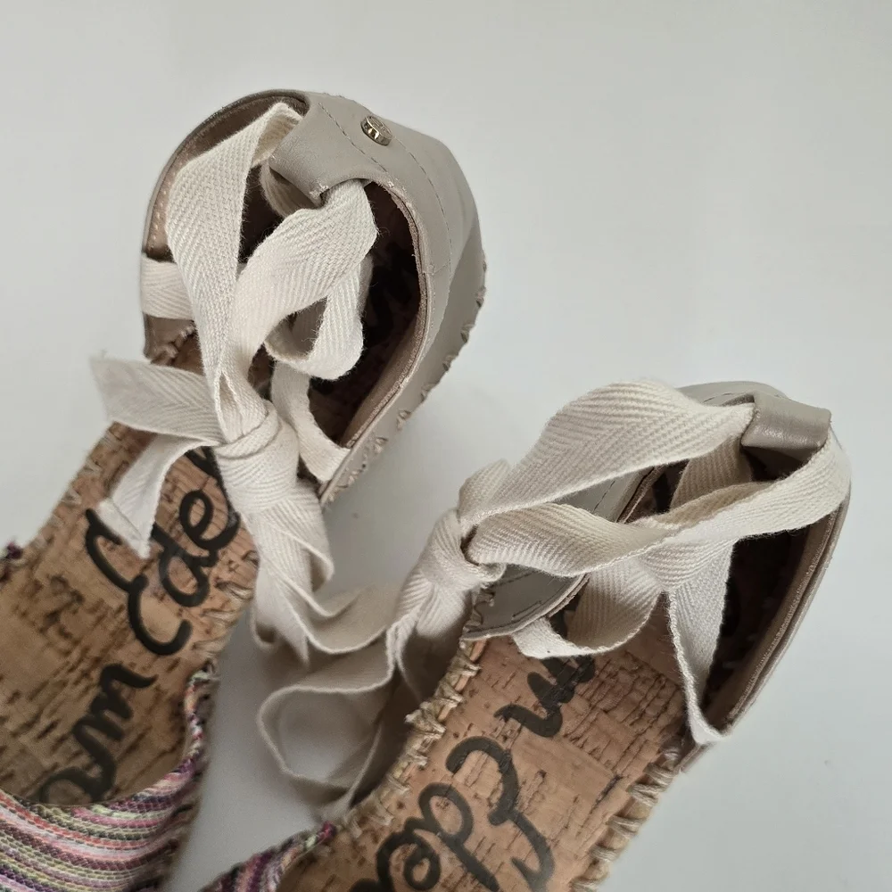 Sam Edelman Patsy Woven Multicolor Ankle Tie Wedge Espadrille Shoes Size 8